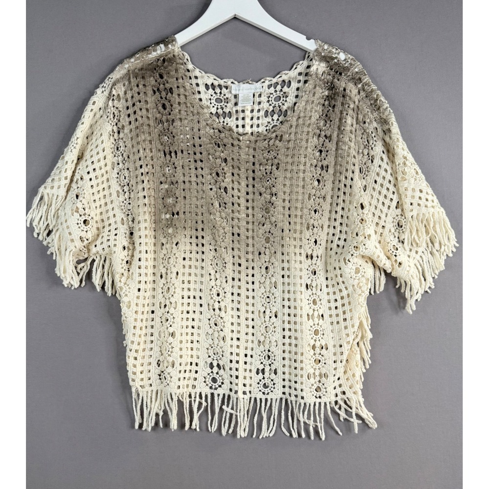 House of Harlow Crochet Top Womens OS Macrame Hippie Fringe Boho Neutral